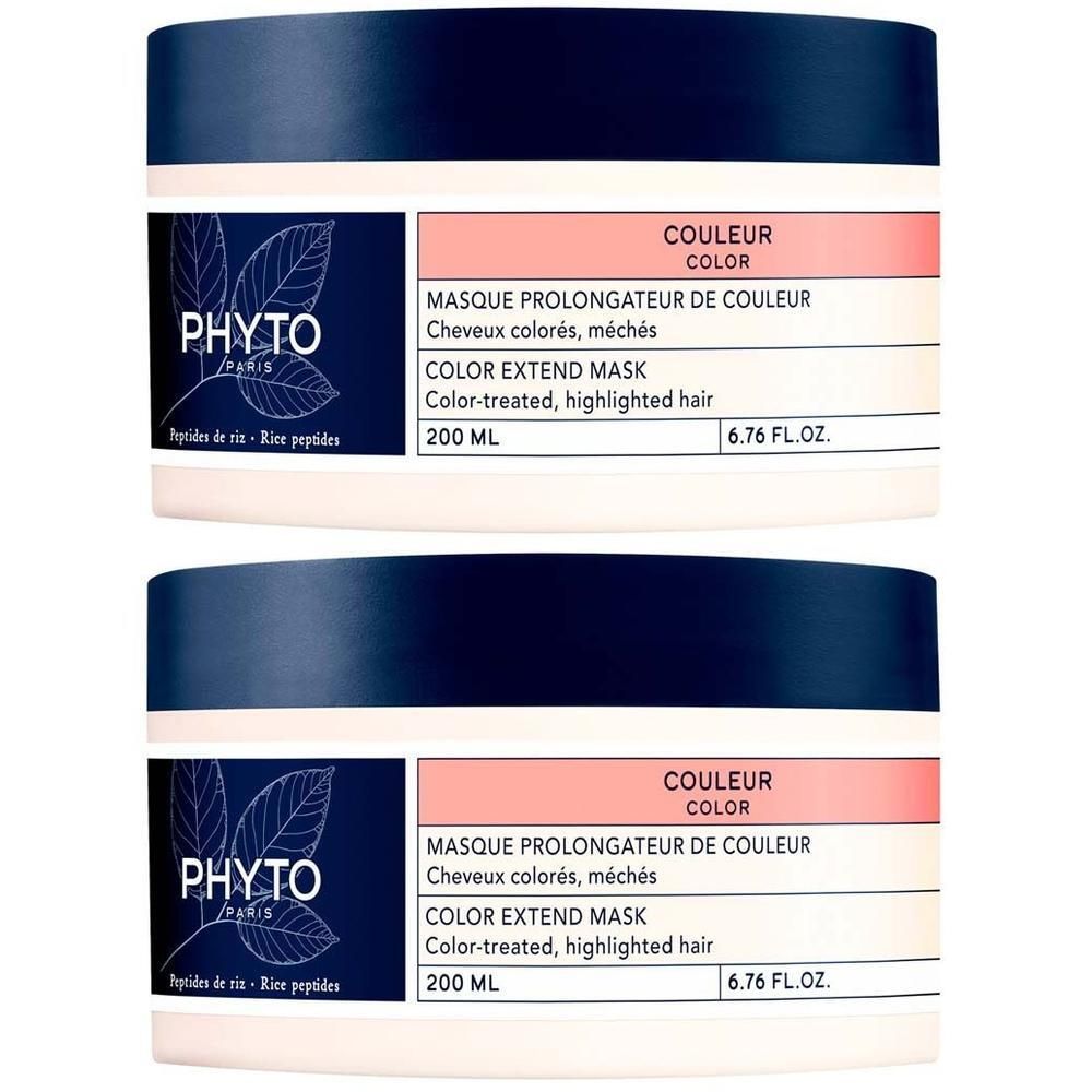 Zwei Tiegel PHYTO PARIS Color Maske. Weiße Tiegel mit dunkelblauem Deckel. Etikett mit Produktinformationen.