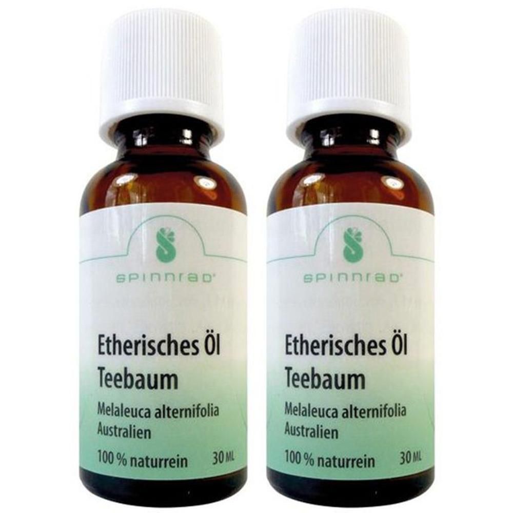 Zwei braune Glasflaschen mit weißem Deckel und Etikett. Auf dem Etikett steht "Etherisches Öl Teebaum" und "100% naturrein".