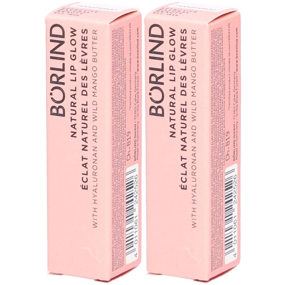 Zwei rosa Kartons mit "BÖRLIND NATURAL LIP GLOW". Text: ÉCLAT NATUREL DES LÈVRES, Hyaluronan und Wild Mango Butter.