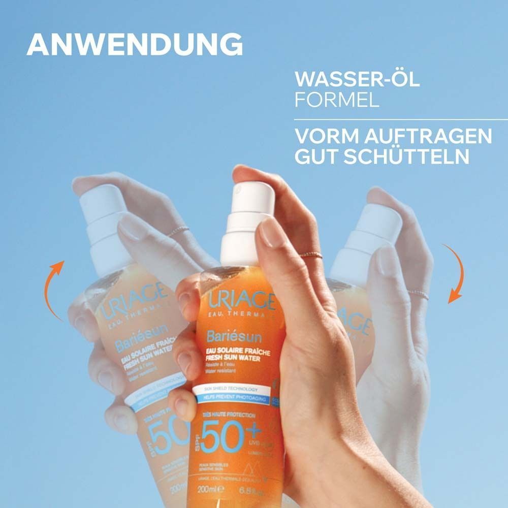 Hände schütteln Spray. Text: Anwendung. Wasser-Öl Formel. Vor dem Auftragen gut schütteln.