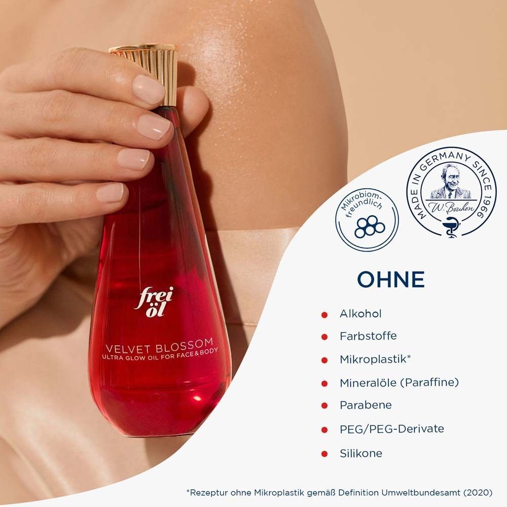Flasche frei öl® ULTRA GLOW ÖL Velvet Blossom. Siegel: Ohne, Made in Germany, mikrobiomfreundlich.