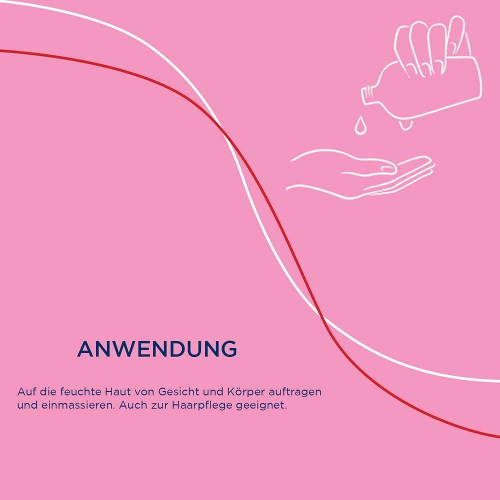 Illustration: Hände tragen Öl auf. Text: Anwendung, auf feuchte Haut auftragen und einmassieren.