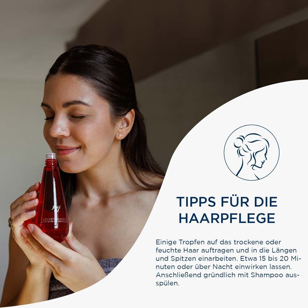 Frau hält Flasche frei öl® ULTRA GLOW ÖL Velvet Blossom. Text: Tipps für die Haarpflege.