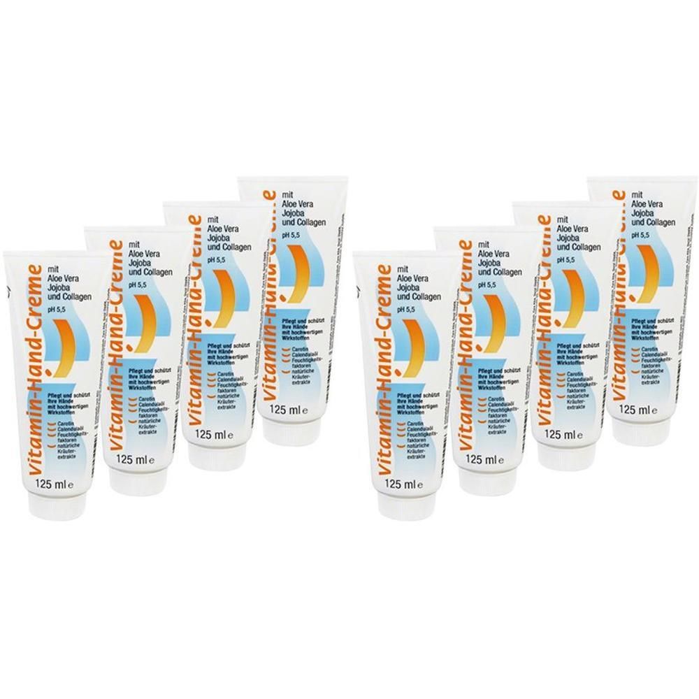 Mehrere Tuben Vitamin-Hand-Creme. Weiße Tuben mit blauer und orangefarbener Grafik und Text. Aufschrift: Vitamin-Hand-Creme, Aloe Vera, Jojoba, Collagen.