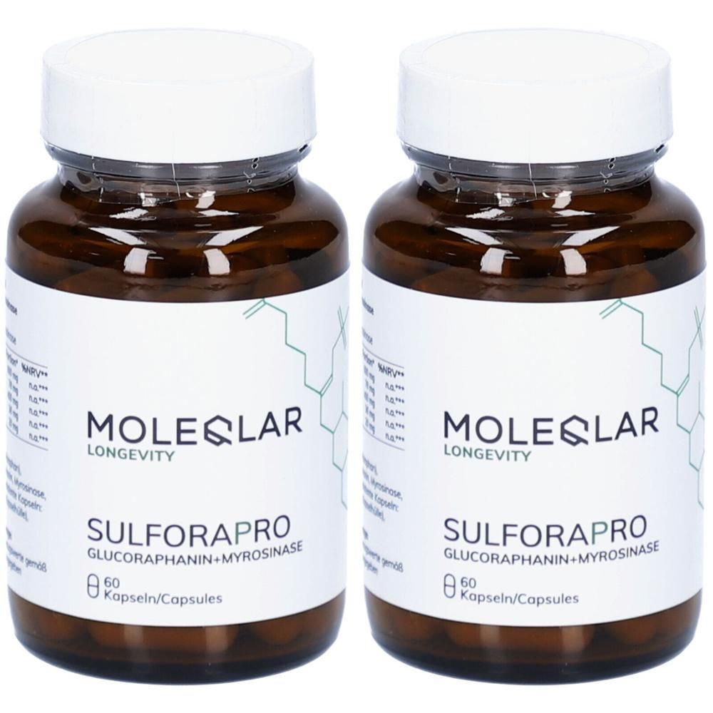 Zwei braune Flaschen mit weißen Deckeln. Auf den Etiketten steht "MOLEQLAR LONGEVITY SULFORAPRO" und "60 Kapseln/Capsules".