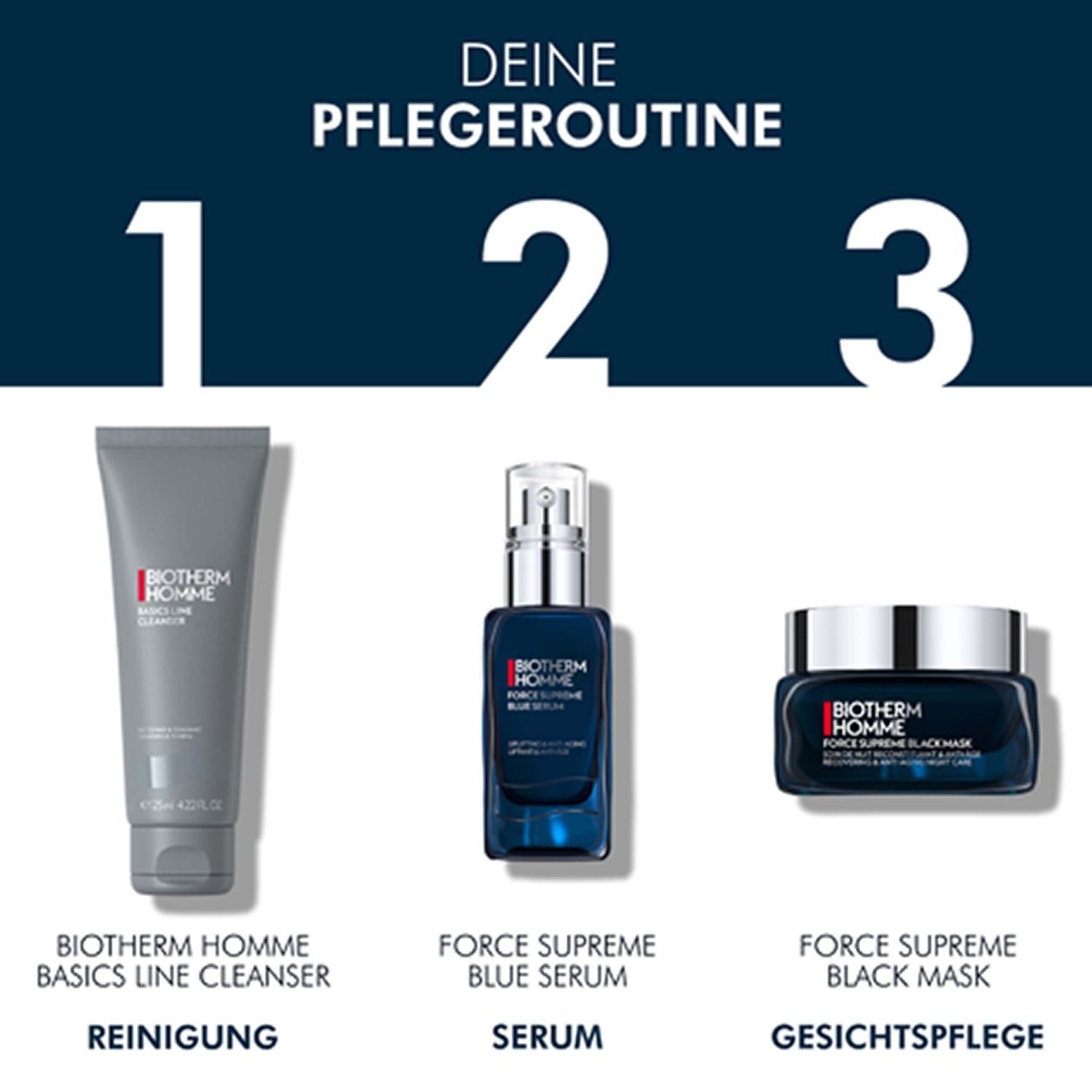 Drei Produkte: BIOTHERM HOMME Basics Line Cleanser, Force Supreme Blue Serum, Force Supreme Black Mask. Anordnung für die Gesichtspflege.