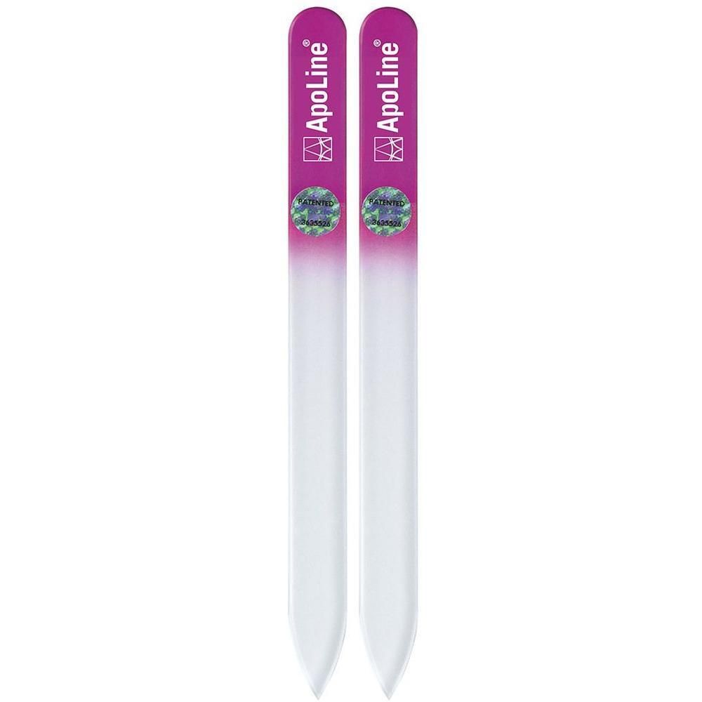 Zwei Glasnagelfeilen, pink. Aufschrift ApoLine. Mit holografischem Aufkleber. Feilen sind länglich, mit abgerundeten Enden.