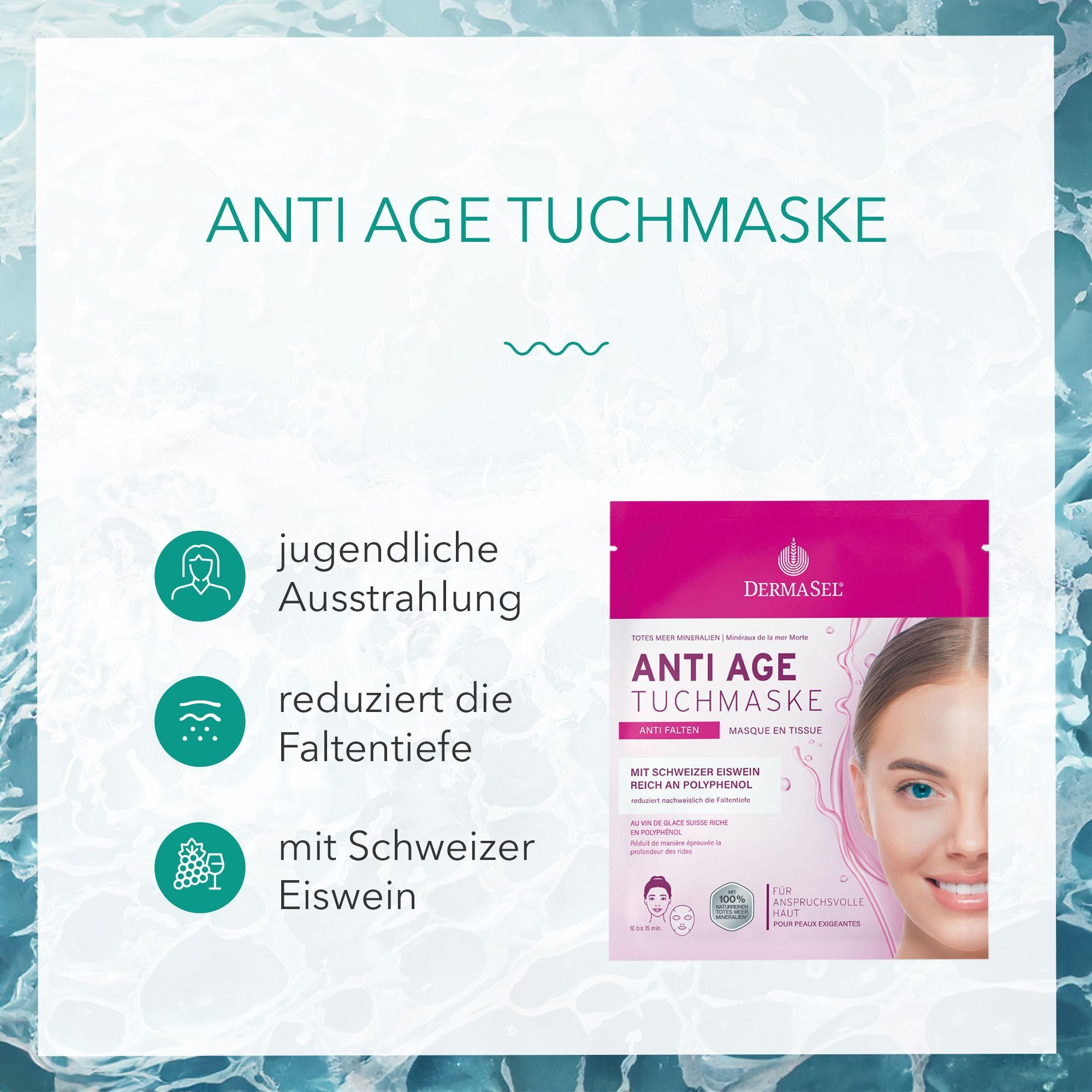 Produktabbildung der Anti-Age Tuchmaske. Rosa Verpackung mit Produktnamen. Text über jugendliche Ausstrahlung, Faltentiefe und Schweizer Eiswein.