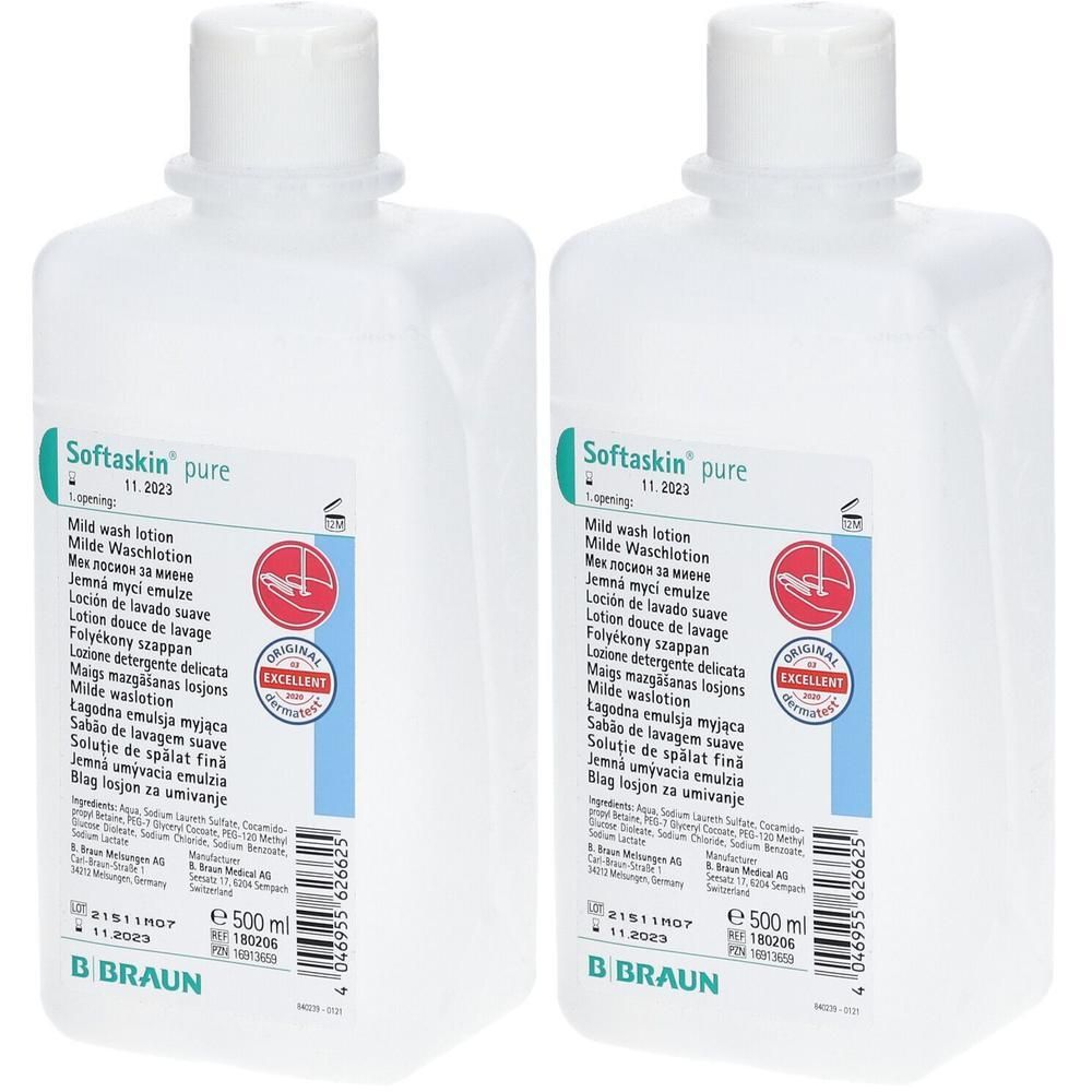 Zwei weiße Flaschen mit Etikett. Aufschrift: Softaskin pure, Mild wash lotion. Mit Zertifizierungslogo.