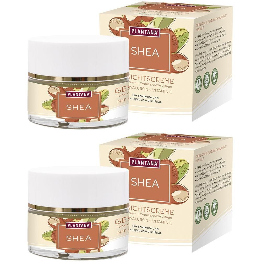 Zwei Tiegel Gesichtscreme mit weißem Deckel und goldfarbenem Rand. Aufschrift: SHEA, Hyaluron & Vitamin E. Karton mit Logo.