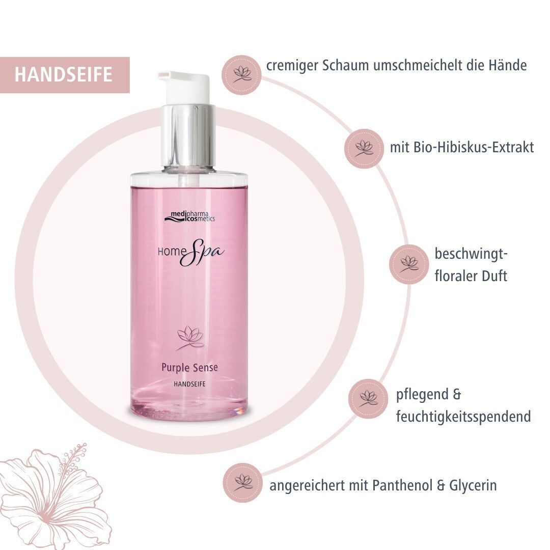 Flasche HOME SPA Purple Sense Handseife. Text: cremig, Bio-Hibiskus, Duft, pflegend, Panthenol & Glycerin.