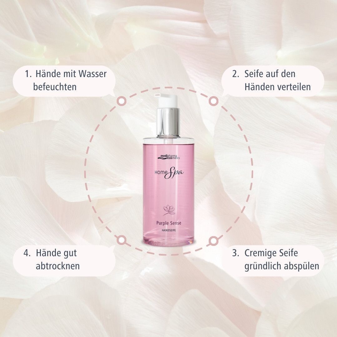 Kreisförmige Anordnung mit Schritten zur Handreinigung. Flasche HOME SPA Purple Sense Handseife im Zentrum.
