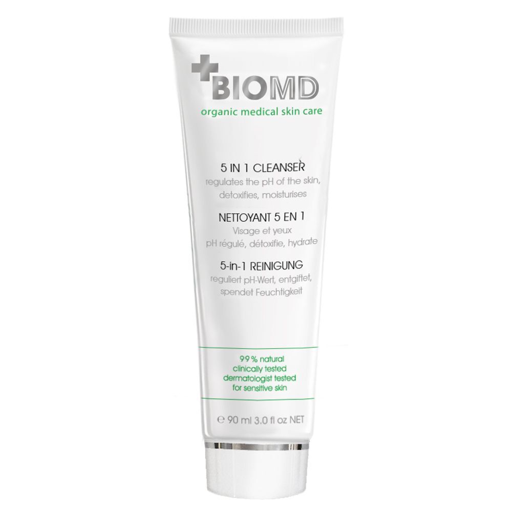 Weiße Tube mit BIOMD-Logo und Text. 5-in-1 Reinigung, Aloe Vera + Avocado Öl. 90 ml.