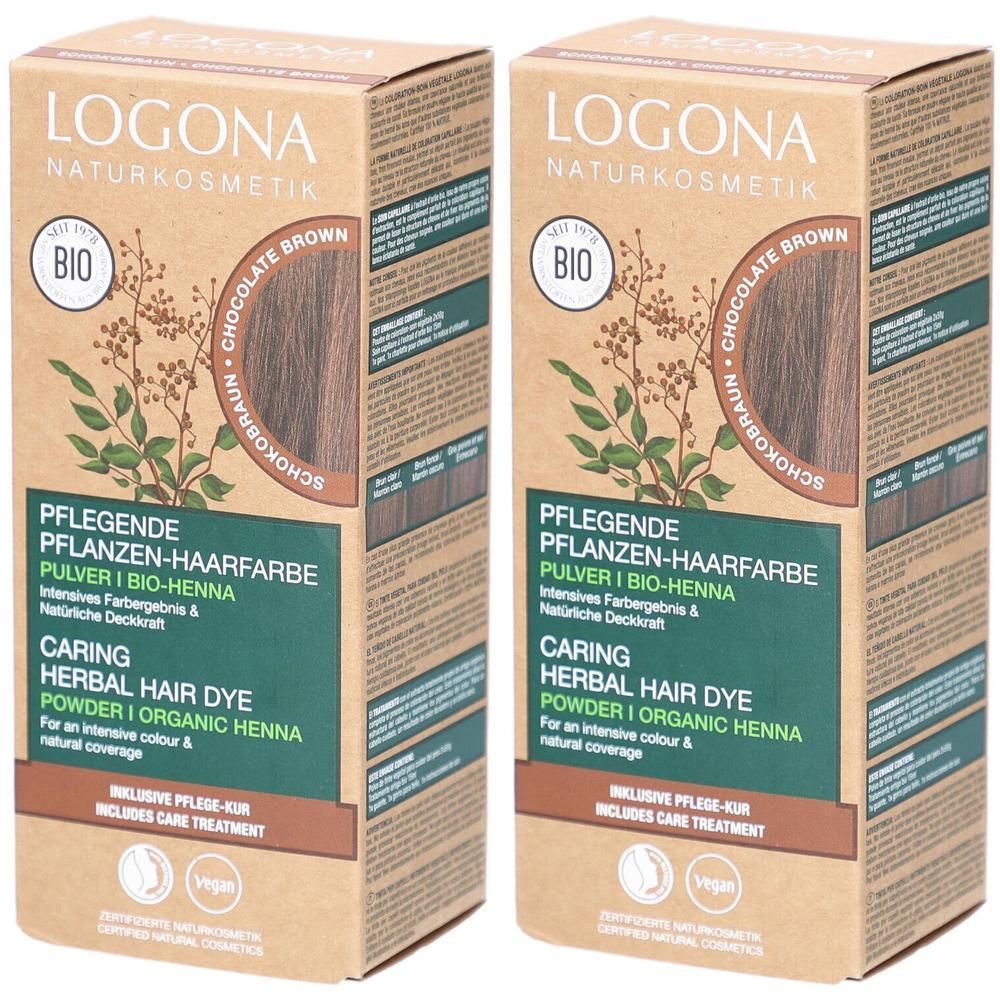 Zwei Kartons PHF Pulver Schokobraun. Aufdruck: LOGONA Naturkosmetik, BIO, Pflanzen-Haarfarbe, Herbal Hair Dye, Vegan.