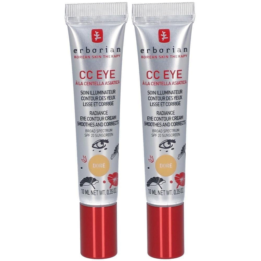 Zwei Tuben Erborian CC Eye Doré. Silberne Tuben mit rotem Verschluss. Text: CC EYE, SPF 20. Inhalt: 10 ml.