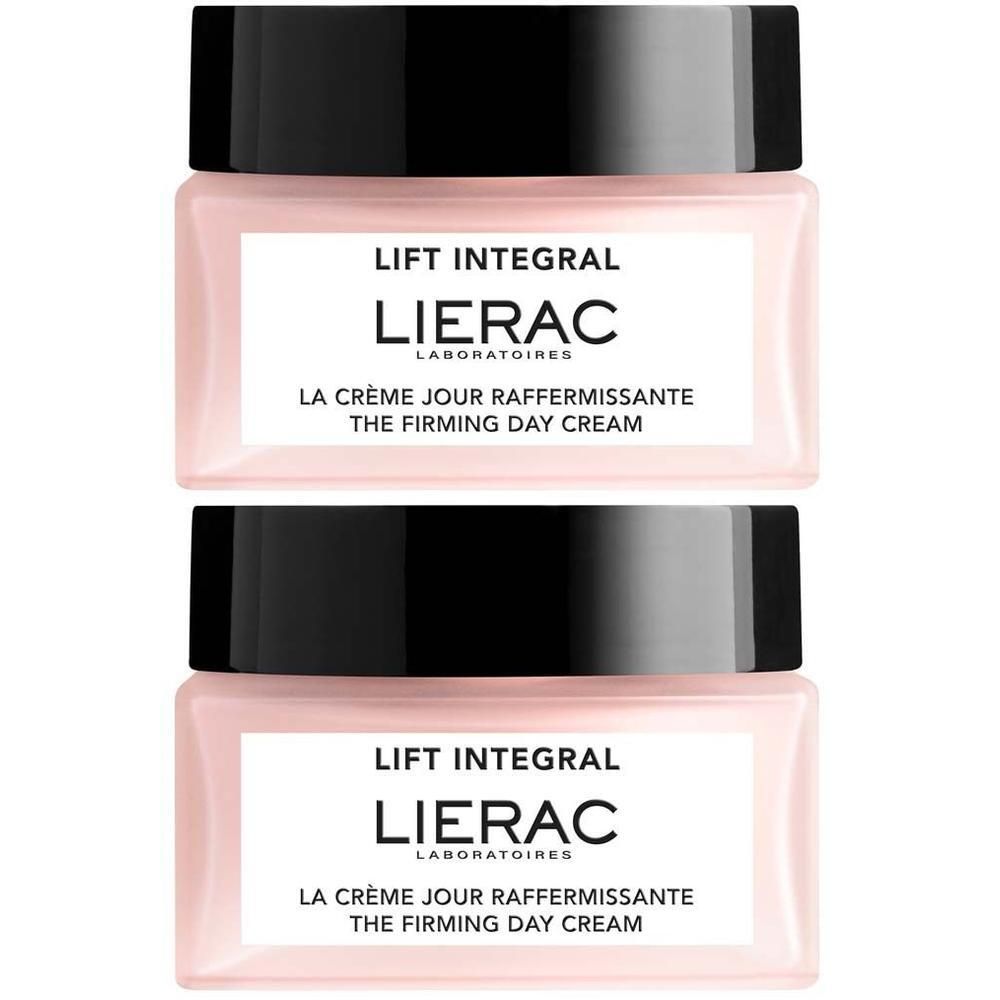 Zwei Tiegel Tagescreme mit schwarzem Deckel. Aufschrift: Lift Integral, Lierac. Text: La Crème Jour Raffermissante, The Firming Day Cream.