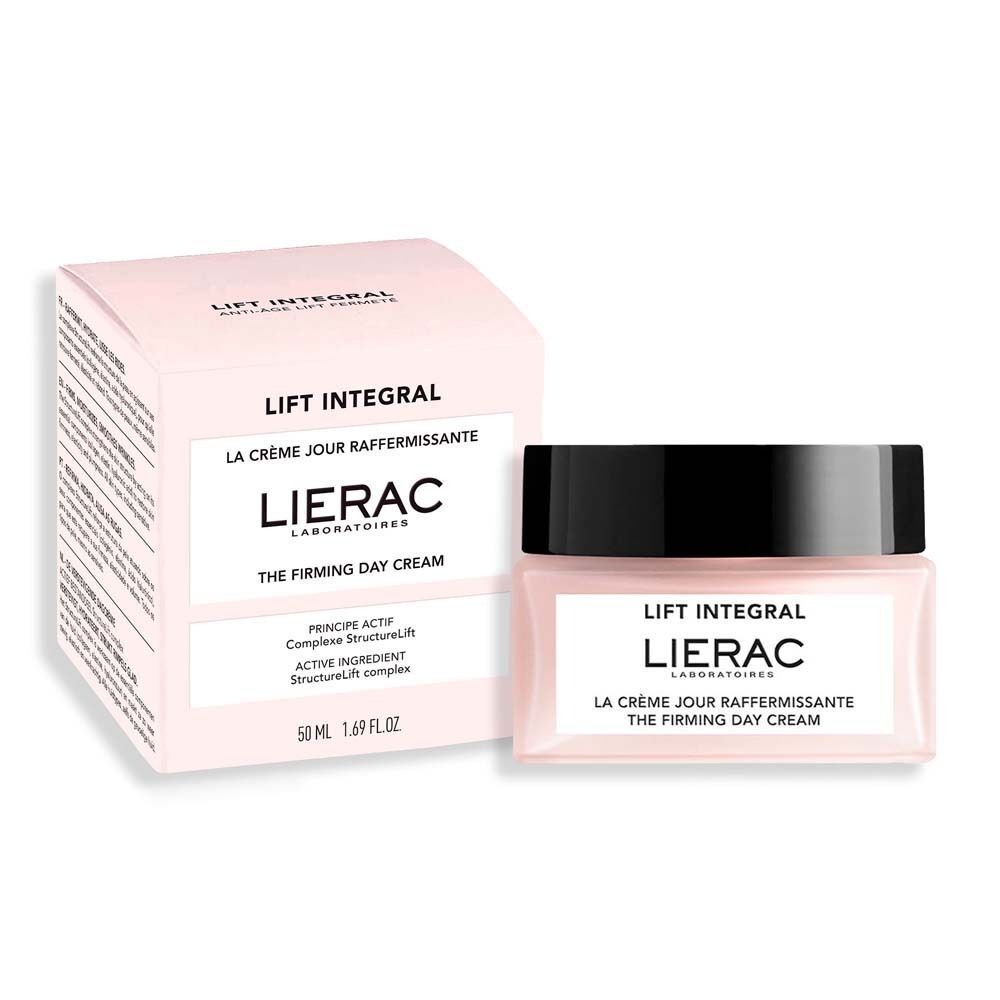 Tagescreme-Tiegel und Verpackung. Aufschrift: Lift Integral, Lierac. Text: La Crème Jour Raffermissante, The Firming Day Cream. 50 ml.