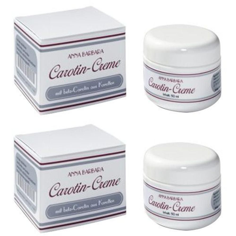 Zwei Cremetiegel und zwei Kartons. Aufschrift: Anna Barbara Carotin-Creme. Weiße Verpackung mit roter und grauer Schrift.