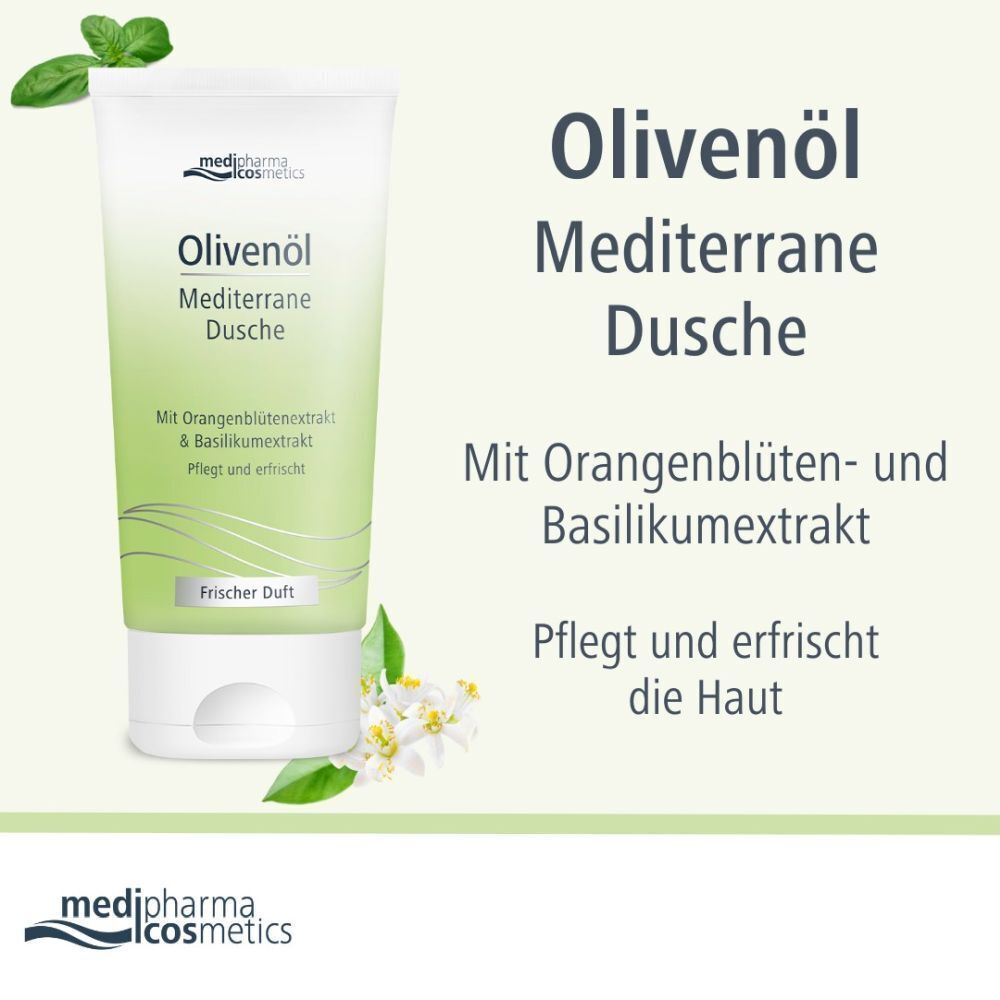 Tube Olivenöl Mediterrane Dusche. Weiße Tube mit grünem Etikett. Text: Olivenöl, Mediterrane Dusche, Frischer Duft. Mit Blättern und Blüten.