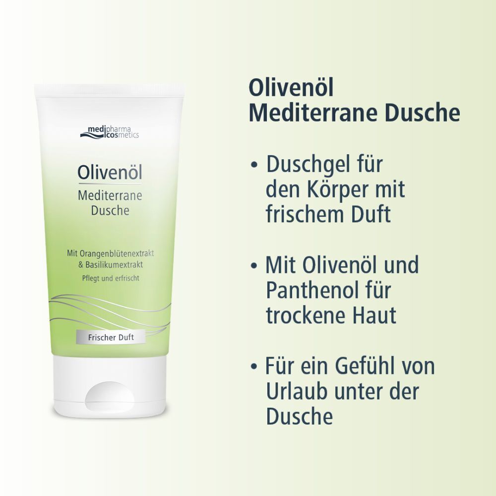 Tube Olivenöl Mediterrane Dusche. Weiße Tube mit grünem Etikett. Text: Olivenöl, Mediterrane Dusche, Frischer Duft. Zusätzlicher Text.