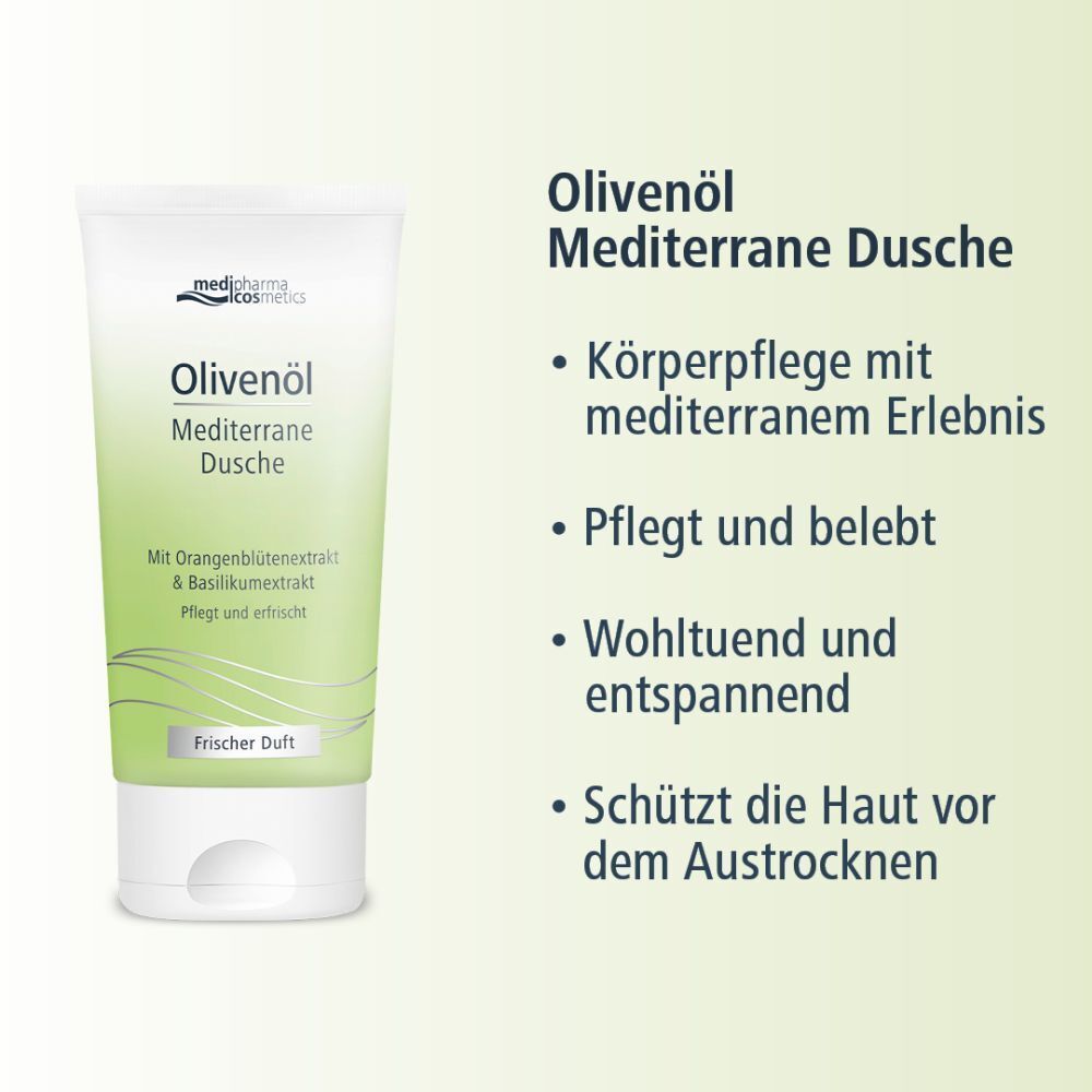 Tube Olivenöl Mediterrane Dusche. Weiße Tube mit grünem Etikett. Text: Olivenöl, Mediterrane Dusche, Frischer Duft. Zusätzlicher Text.