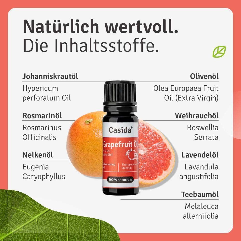 Flasche Casida® Grapefruit Öl. Schwarze Kappe, weißes Etikett mit rotem Band. Text: Grapefruit Öl, Citrus paradisi, therapeutische Qualität. Früchte und Inhaltsstoffe.
