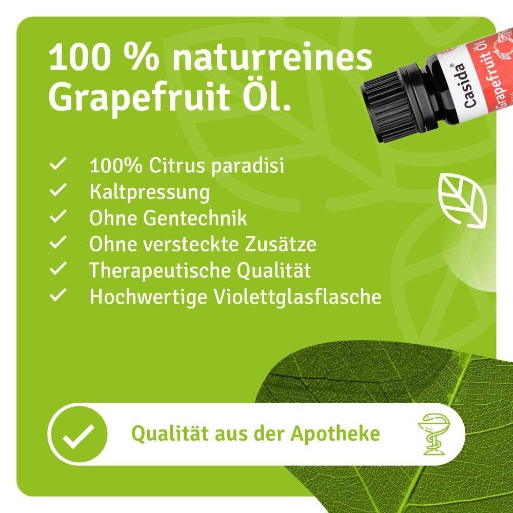 Flasche Casida® Grapefruit Öl. Schwarze Kappe, weißes Etikett mit rotem Band. Text: Grapefruit Öl, Citrus paradisi, therapeutische Qualität. Icons: 100% naturrein, Apothekenqualität.