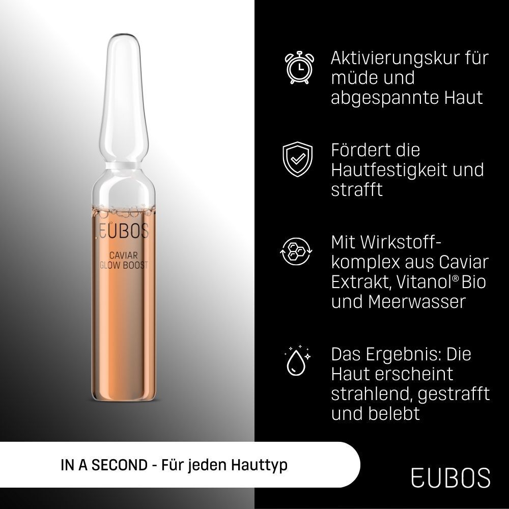 Eine Ampulle EUBOS® IN A SECOND Caviar Glow Boost. Text: Aktivierungskur für müde Haut, fördert Festigkeit, Wirkstoffkomplex.
