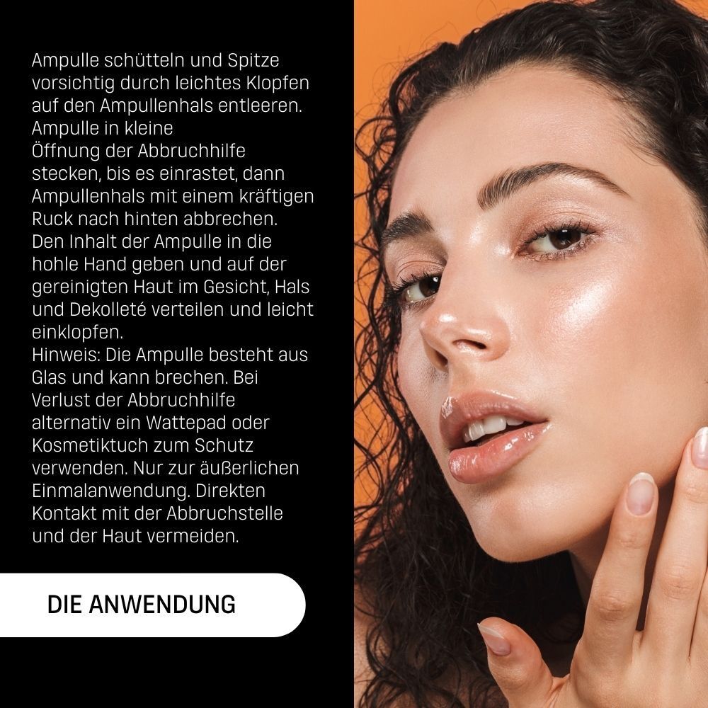 Anwendungshinweise für EUBOS® IN A SECOND Caviar Glow Boost. Eine Frau berührt ihr Gesicht.