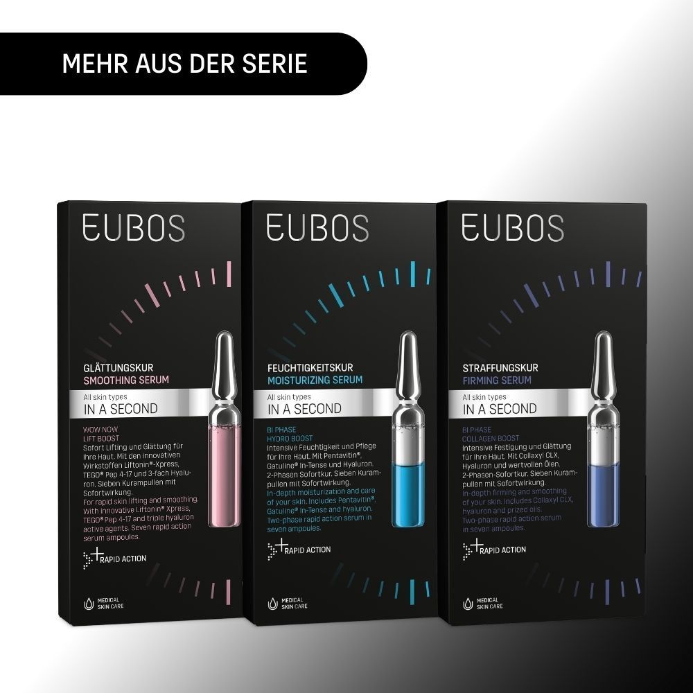 Drei Packungen EUBOS® IN A SECOND Seren. Glättung, Feuchtigkeit, Straffung. Inklusive Ampullen.