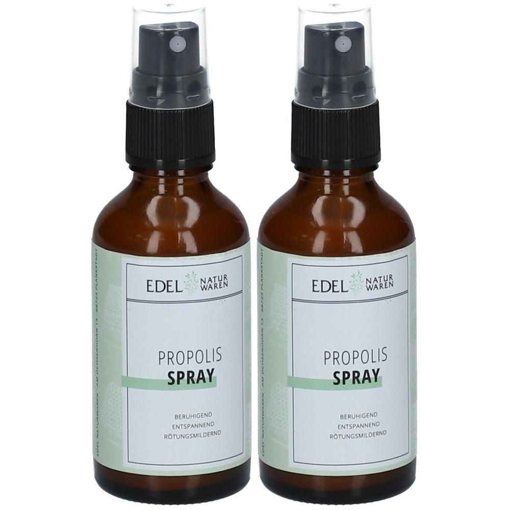 Zwei braune Glasflaschen mit Sprühkopf. Auf den Etiketten steht "EDEL NATURWAREN Propolis Spray".
