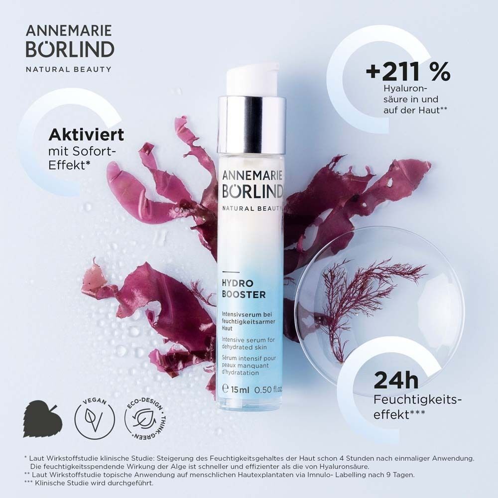 BÖRLIND SHOT Hydro Boost Konzentrat mit Algen und Infografiken. Vegan- und Eco-Design-Siegel.