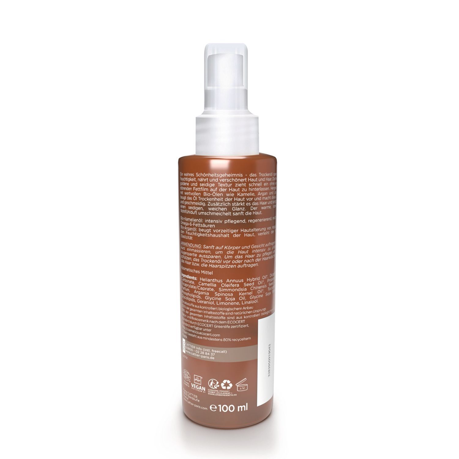 Braune Flasche CATTIER Trockenöl mit Sprühkopf. Rückseite mit Text. Aufschrift: Trockenöl, Kamelie & Argan, BIO, Vegan.