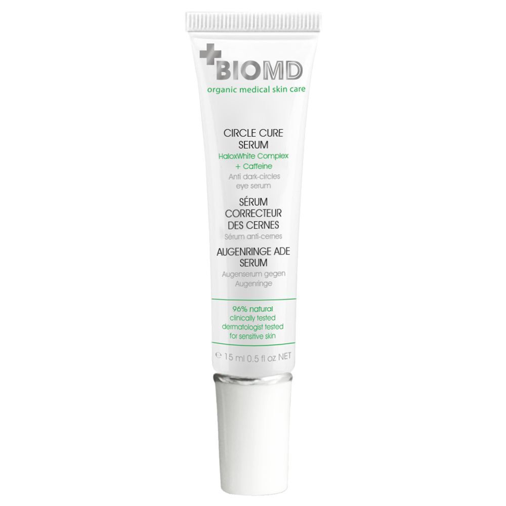 BioMD Augenringe ade Serum Tube. Weiße Tube mit grüner Schrift. Text: Circle Cure Serum, 15 ml.