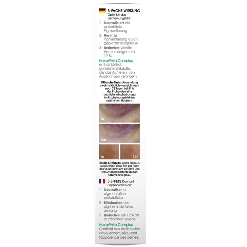 Rückseite der BioMD Augenringe ade Serum Verpackung. Text: 3-fache Wirkung, klinische Tests, HaloWhite Complex.