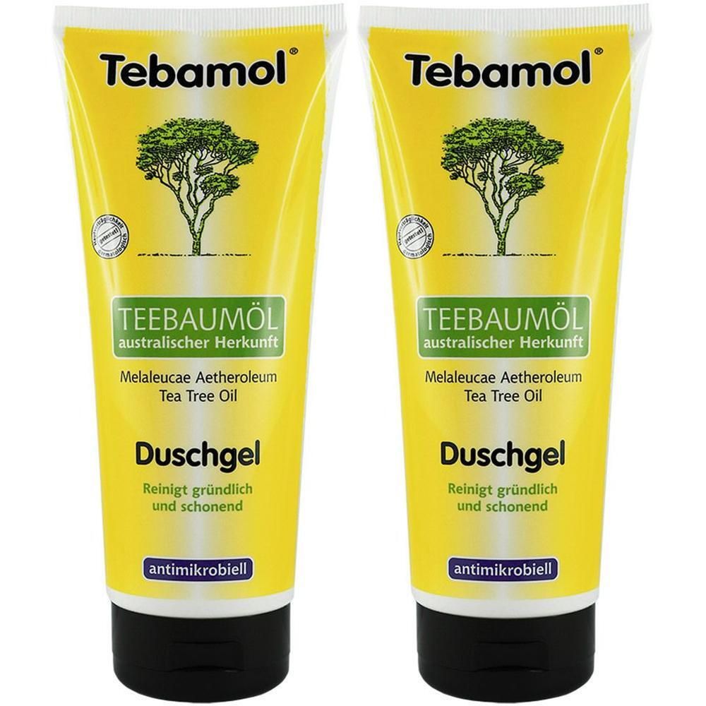 Zwei gelbe Tuben Duschgel mit schwarzem Verschluss. Aufschrift: Tebamol, Teebaumöl, Duschgel. Enthält Melaleucae Aetheroleum.