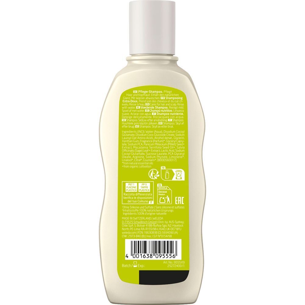 Rückseite einer Shampoo-Flasche. Text in mehreren Sprachen. Grün-gelbes Etikett mit Logos und Barcode.