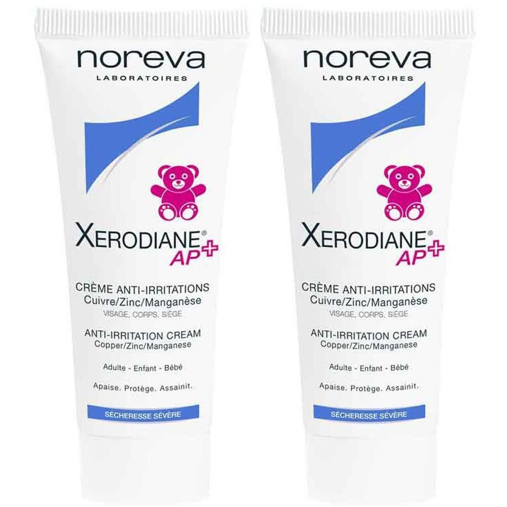 Zwei Tuben Creme. Auf jeder Tube steht "noreva", "Xerodiane AP+" und "Crème anti-irritations".