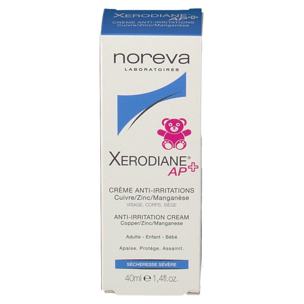 Karton mit Creme. Auf dem Karton steht "noreva", "Xerodiane AP+" und "Crème anti-irritations".
