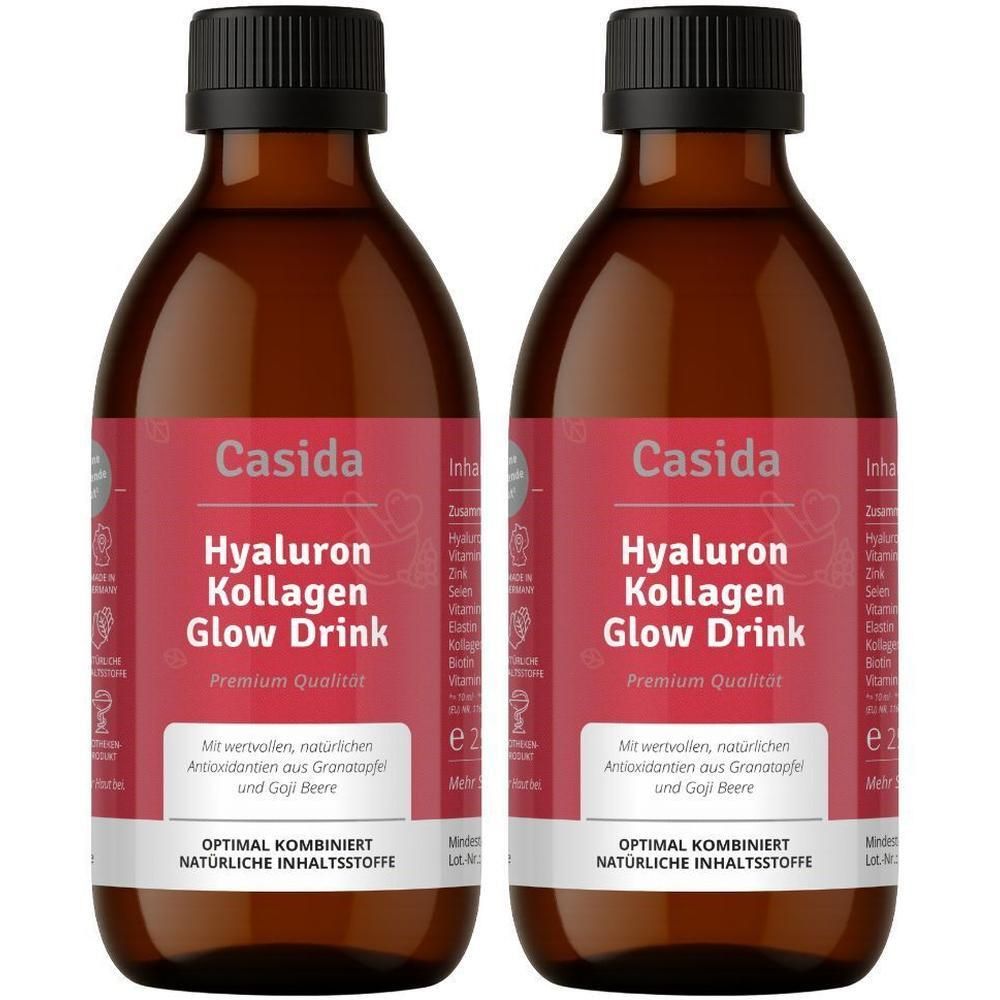 Zwei Flaschen Casida® Hyaluron Kollagen Glow Drink. Braune Glasflaschen mit schwarzem Deckel und rotem Etikett.