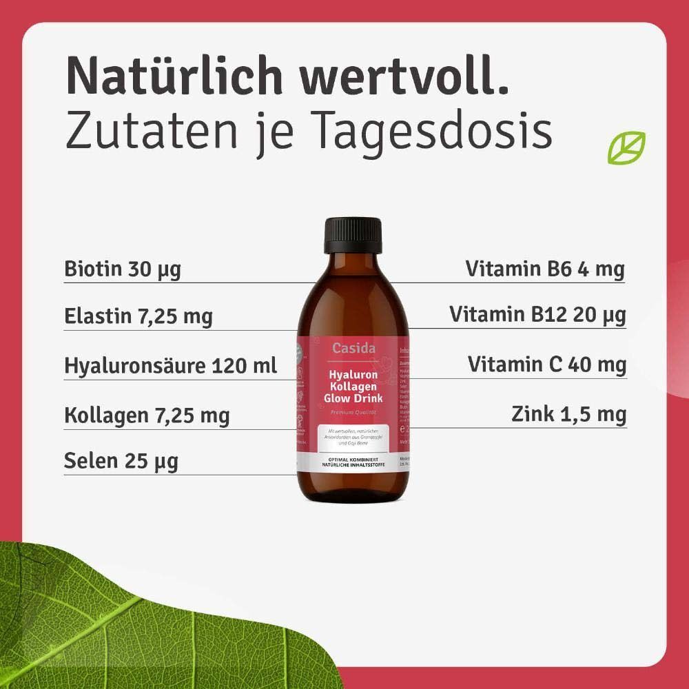 Casida® Hyaluron Kollagen Glow Drink Flasche. Zutatenliste: Biotin, Elastin, Hyaluronsäure, Kollagen, Selen, Vitamin B6, B12, C, Zink.