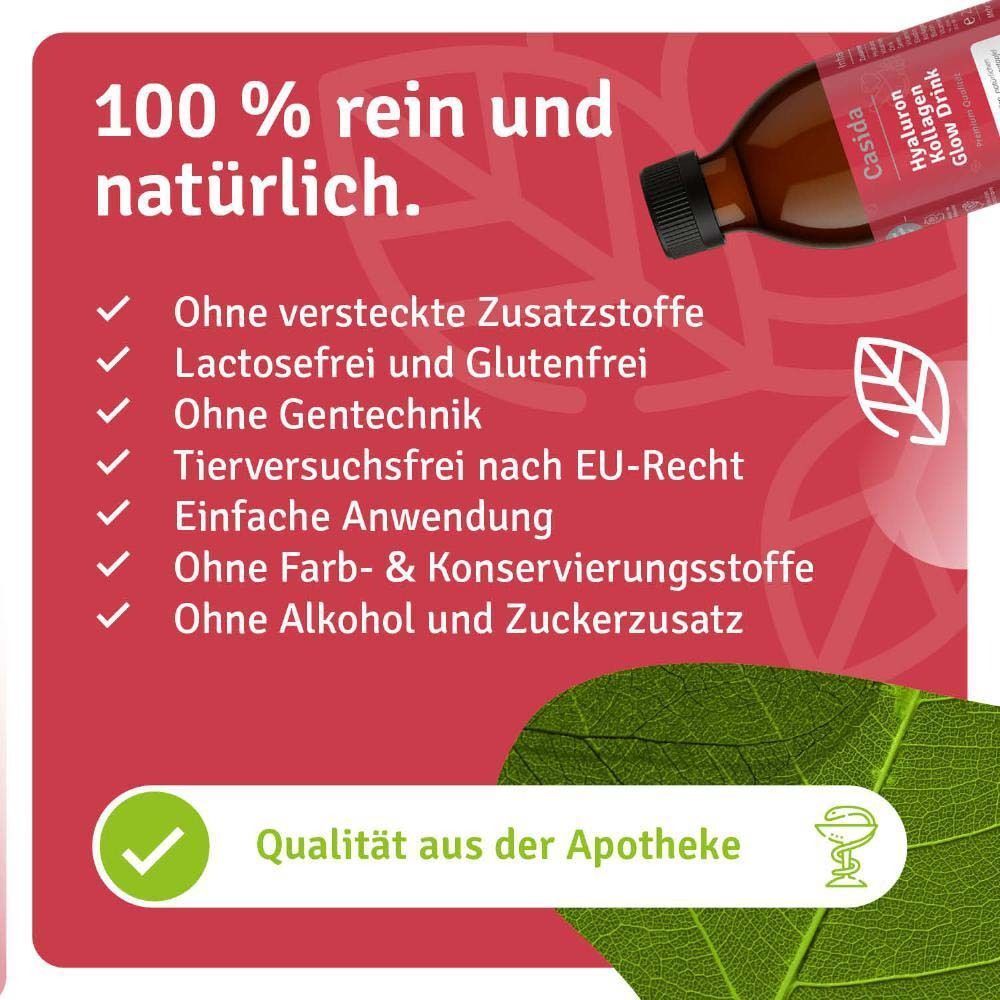 Casida® Hyaluron Kollagen Glow Drink. 100% rein und natürlich. Ohne Zusatzstoffe, laktosefrei, glutenfrei, ohne Gentechnik.