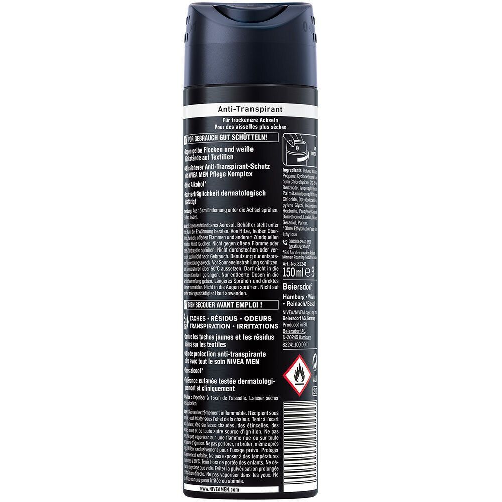 Rückseite einer NIVEA MEN Black & White Invisible Deospray-Dose. Textinformationen, Inhaltsstoffe, Warnhinweise und Barcode.