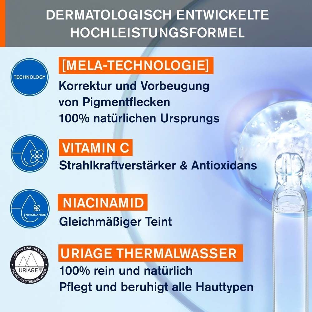 Grafik mit Inhaltsstoffen: Vitamin C, Niacinamid, Uriage Thermalwasser. Dermatologisch entwickelte Hochleistungsformel.