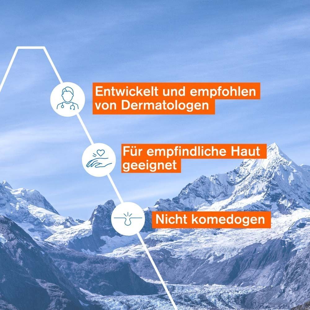 Grafik mit Text: Entwickelt und empfohlen von Dermatologen. Für empfindliche Haut geeignet. Nicht komedogen.