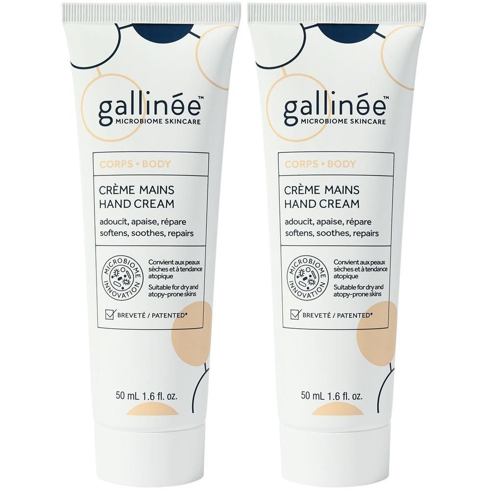 Zwei Tuben Handcreme. Aufschrift: gallinée, Crème Mains Hand Cream. Geeignet für trockene und zu Atopie neigende Haut. Mit Zertifizierung.