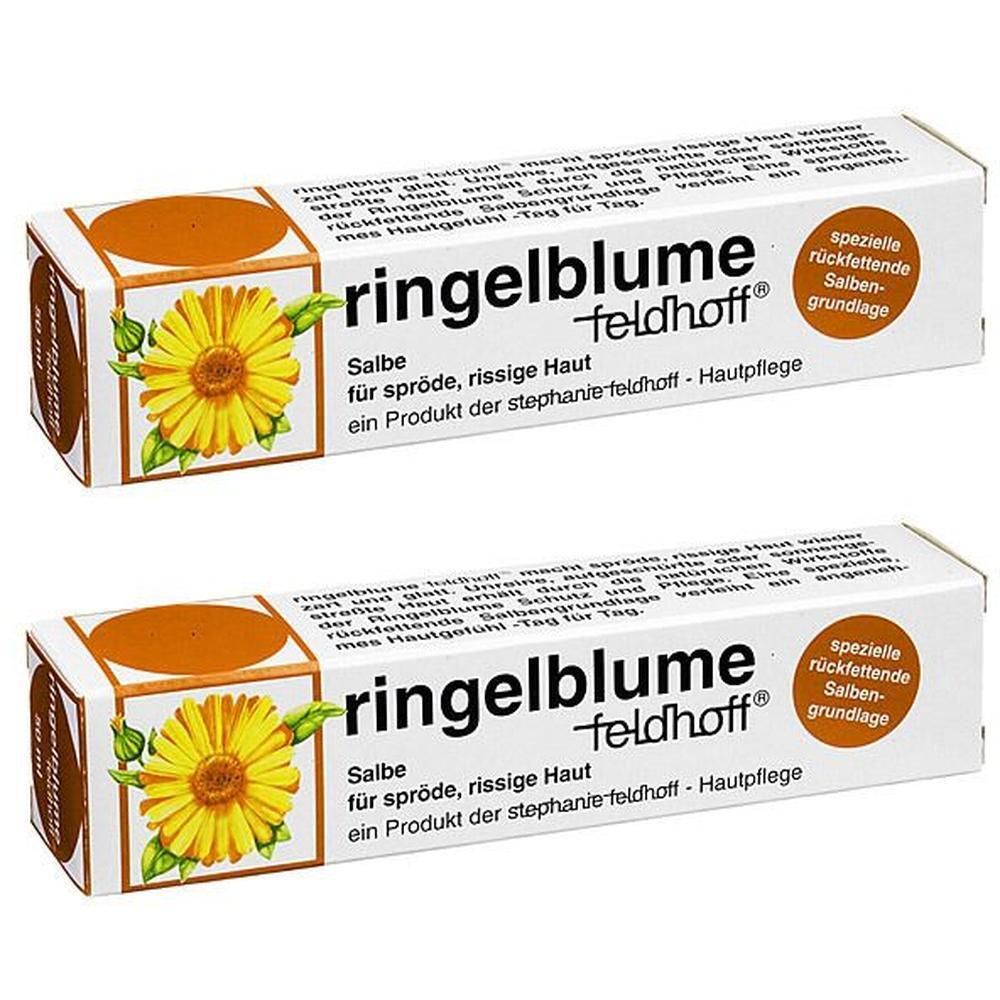 Zwei Schachteln Ringelblumen Salbe von Feldhoff. Auf jeder Schachtel ist eine Ringelblume abgebildet. Text: Salbe für spröde, rissige Haut.