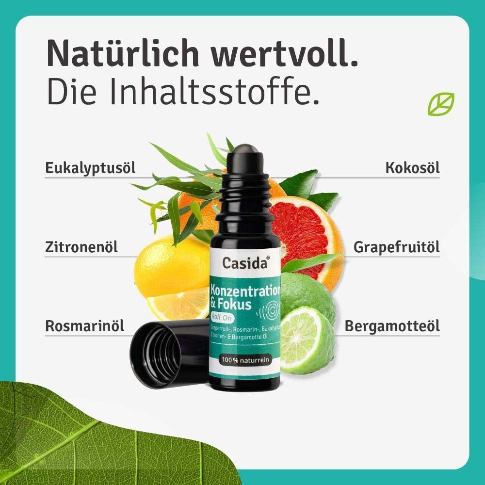 Roll-On-Flasche mit Text und Zutaten. Zutaten: Eukalyptusöl, Zitronenöl, Rosmarinöl, Kokosöl, Grapefruitöl, Bergamotteöl.