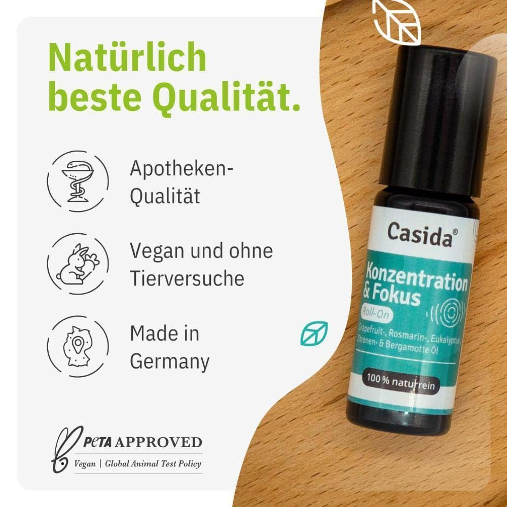 Roll-On-Flasche mit Text. Text: Casida Konzentration & Fokus Roll-On. Apotheken-Qualität, vegan und ohne Tierversuche, Made in Germany.