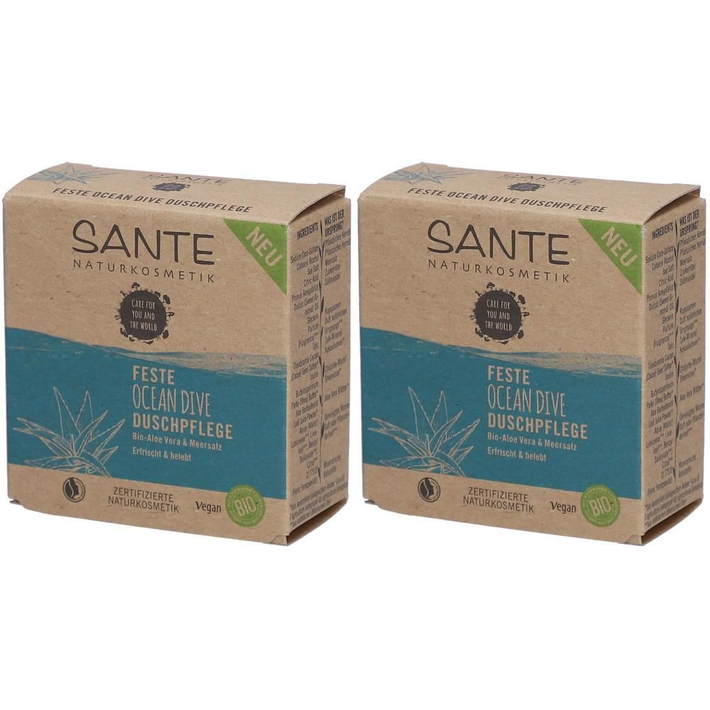 Zwei Kartons SANTE Feste Ocean Dive Dusche. Aufschrift: Aloe & Meersalz, Naturkosmetik, Vegan, Bio. Grün-blaue Verpackung mit Wellenmuster.